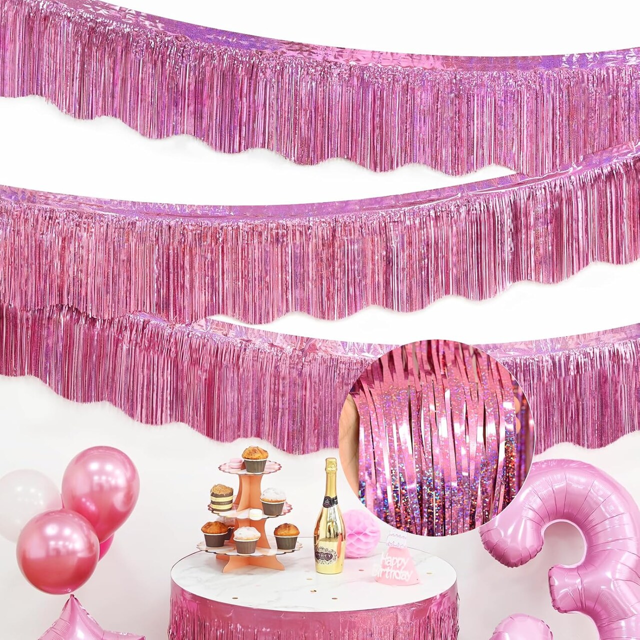 6 Pack Pink Foil Fringe Garland Birthday Party Decorations, 59Ft Metallic Tinsel Streamers Banner, Glitter Photo Booth Prop Table Skirt for Wedding Parade Float Gender Reveal Party Decor